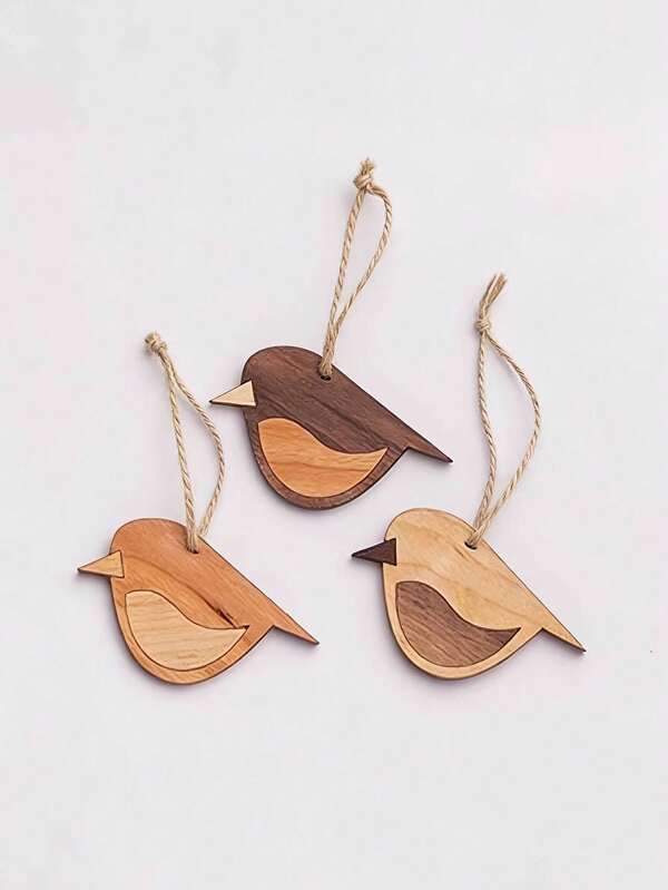 3pcs Wooden Bird Hanging Decorations | Artificial Wood Home Decor, No Electricity Required, Retro Style Hanging With Rope Design, Bohemian Style