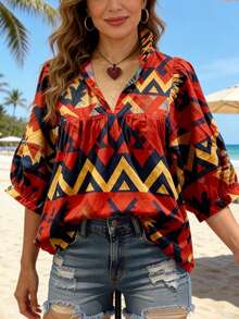 Vestido casual de vacaciones para mujer: Estampado geométrico con volante en el bajo, mangas farol, escote en V, corte holgado para verano - Rojo - Ver 9