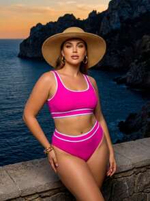 Two Piece Bikini Set, Scoop Neck, High Waist, Multi Color - Hồng - Xem 4
