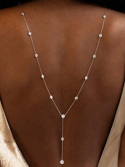 1pc New Zirconia Tassel Back Chain, High-End Bridal Dress Accessory, Minimalist Style Crystal Body Chain