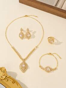 5 pezzi Set di gioielli da sposa placcato oro 18K, realizzato a mano con zirconia cubica bianca, incluso collana, bracciale, orecchini, anello, adatto per uso quotidiano e matrimonio, regalo per anniversario di matrimonio - Champagne - Visualizzare 5
