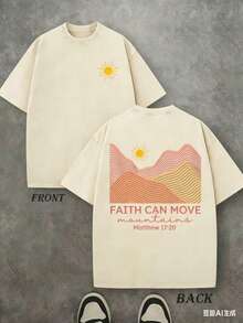 Faith Can Move Mountain Unisex Washed Christian Shirt, Christian Scripture T-Shirt, Vintage Retro Washed Shirt Double Sided Printed (230 Heavyweight Pure Cotton T-Shirt) High Quality Christian T-Shirt, Christian Gifts, Men's And Women's Shirts, Comfortable, Fashion Christian Shirt, Street Style Pure Cotton Fall Shirtwinter Clothes For Women - 杏色 - 查看 1