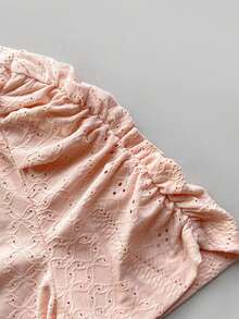 ChicMe Women Round Neck Petal Sleeve Hollow Out Jacquard Textured Shirt Slim Fit Ruched Short Sleeve Knit Top Daily Street Outfits - Pink - View 6