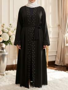 1pc Women's Ramadan Abaya - Black Long Sleeve Dress, Featuring White Beaded Trim On Front And Cuffs, Made Of Smooth Woven Fabric, Elegant And Suitable For Ramadan Eid Gatherings And Celebrations - Black - View 2