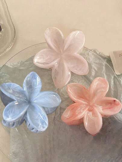 3pcs/1pc Women 8cm/3.15in Pink, White, Blue Floral Pattern Hair Clips, Cute Oversize Lightweight Plastic Hair Claws, Fashionable Versatile Elegant Simple Solid Color Hair Accessories For Daily, Casual, Party, Commute, Travel, Hairstyles Flower Hair Clip Elegant Claw Clip Beach Vacation Flower Hair Clutch