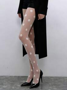 Leggings de mujer con estampado de lunares grandes blancos - Estilo elástico de lunares gruesos, leggings de moda diaria retro y lindos - Blanco - Ver 3