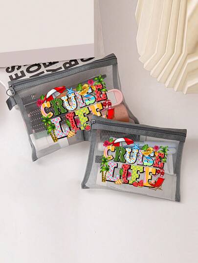 这款1件装的网眼化妆包以邮轮生活为主题，饰有椰子树、西瓜和邮轮生活印花。这款旅行收纳包兼具网眼洗漱包的功能，轻便可折叠，是海滩必备单品，也是夏季女士包袋的理想之选。它容量大，可重复使用，非常适合旅行、度假、假日和海滩使用。此外，它还设有护肤品收纳区、充电器收纳区和指甲油收纳区。