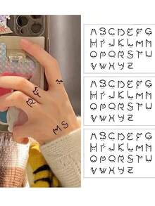 (10pcs) Cute Cat & 26 English Alphabet Temporary Tattoo Stickers, Cartoon Finger Tattoo Stickers For Couples - Black - View 3