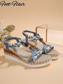 Women's Handmade Beaded Woven Toe-Ring Rope Bottom Sandals, Bohemian Style, Spring/Summer New Platform Thick Bottom Comfortable Outdoor Sandals, Random Floral Pattern - Dusty Blue - View 8