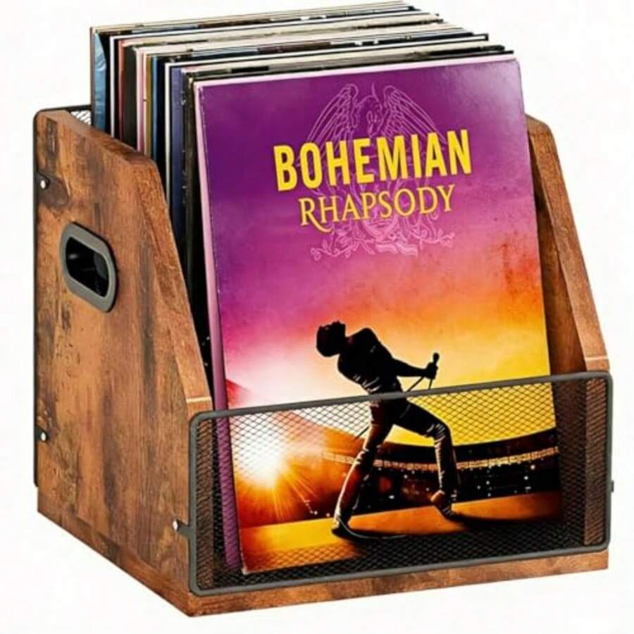 Mueble para Vinilos Cubo Soporte para Discos de Vinilo Caja Organizador de Discos de Vinilo y Álbumes Mueble para Tocadiscos Reproductor de Vinilos Capacidad de 100 LP Porta Vinyl Metal y Madera - Rístico - Ver 1