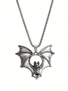 1pc 2025 New Gothic Bat Pendant Necklace, European & American Punk Style Retro Steel Necklace,-Border Jewelry, Vintage Bat Pendant, Long Stainless Steel Necklace Chain, Suitable Men & Women Daily Wear, Halloween - Antique Silver - 查看 10