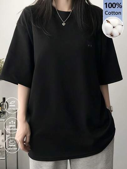 夏新作 カジュアル ルーズ ラウンドネック 半袖Tシャツ、女の子 通勤スタイル ブラック