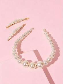 Set de 3 piezas de pinzas para el cabello y diadema de perlas de estilo minimalista y versátil para niñas, adecuado para uso diario - Beis - Ver 3