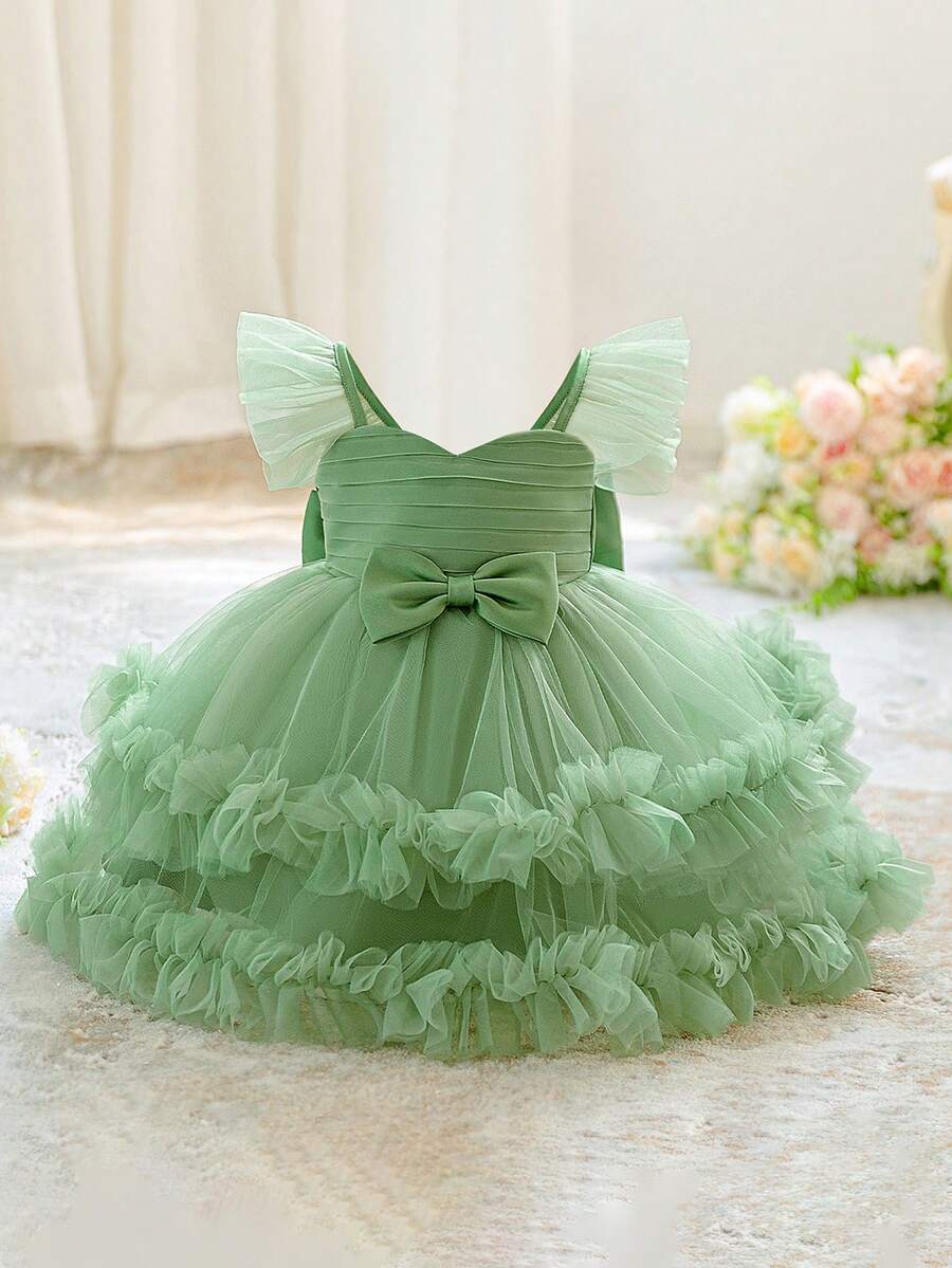 女婴V领蝴蝶结荷叶边网纱婚纱，适合生日派对，不含头饰 - 綠色 - 查看 1