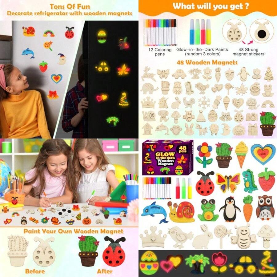 48 Pcs DIY Wooden Magnets Wooden Art Craft Supplies Painting Kit For Ages 4-8 8-12 Glow In The Dark Party Favors Goodie Bag Stuffers Birthday Gifts Toys For Boys Girls - Wooden - View 1