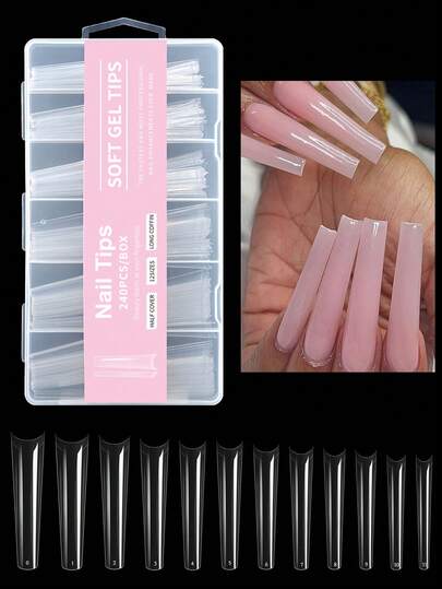 240 piezas de uñas acrílicas postizas en forma de ataúd con parte superior plana y curva extra larga, de material transparente, adecuadas para salones de uñas y manualidades, 12 tamaños