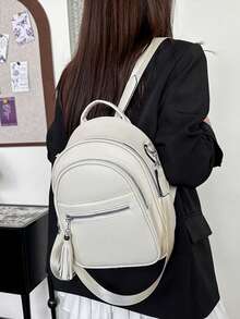 New Fashion High-Capacity Elegant Korean Style Casual Minimalist Lightweight Versatile Solid Color Retro Adjustable Detachable Tassel Decor Women Shoulder Bag/Crossbody Bag/Backpack, Suitable For Travel, Shopping, Dating, Women's Gift - Beige - View 5