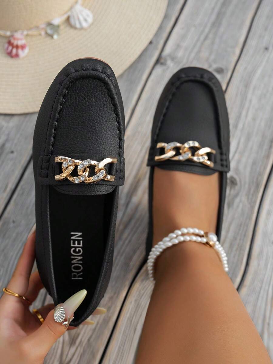 2026 New Rhinestone Decor Loafers, Black Soft Bottom Slip-On Casual Shoes For Women, Versatile Flat Shoes For Commuting In Spring/Autumn - Black - View 1
