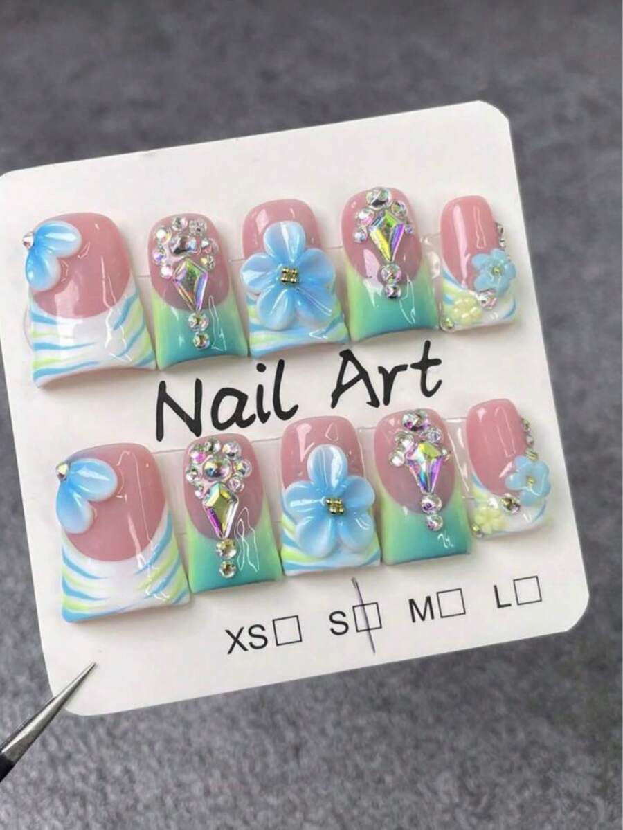 10片装Y2K手工美甲套装，包含裸色、绿色、蓝色、白色渐变法式美甲、火焰图案、手工雕刻花卉、水滴亚克力美甲贴纸，适合女性和女孩参加派对、日常佩戴或作为礼物。 - 薄荷藍 - 查看 1
