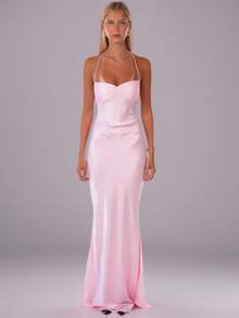 New European American Style Sexy Strapless Sequin Satin Solid Color Backless Tie Bodycon Maxi Dress - Pink - View 1