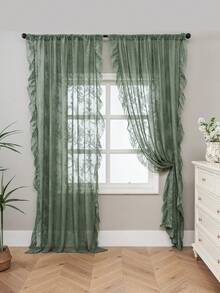 1 pieza Nueva cortina transparente con adorno de encaje floral de lujo francés, decoración navideña - Verde - Ver 5