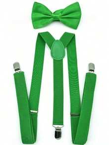 一套男士绿色休闲领结和吊带套装，含吊带夹，适合日常佩戴，英伦风男女通用吊带夹，弹性织带可调节吊带，领结吊带套装 - 綠色 - 查看 6