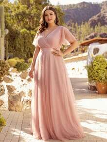 EVERPRETTY Plus Size Ruffle High Waist Light Pink Bridesmaid Dress,Spring Summer Wedding Guest Dresses For Party, Holiday Formal Dresses - Baby Pink - View 5