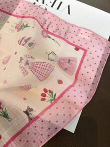 Pink Silk Scarf, Small Square Cartoon Versatile Fashion Skin-Friendly Headscarf, Decorative Neck Warmer Scarf - Pink - View 2