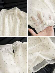 女士甜美法式波点雪纺衬衫，带蝴蝶结侧肩带，通勤休闲装，夏季 - 杏色 - 查看 8