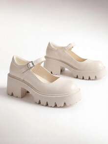 Women's Mary Janes Shoes Platform Chunky Low Heels Comfortable Cute Pumps Round Toe Ankle Strap Woman Shoes - 米色 - 查看 1