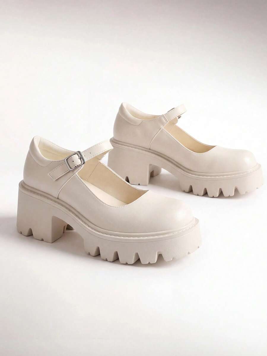 Women's Mary Janes Shoes Platform Chunky Low Heels Comfortable Cute Pumps Round Toe Ankle Strap Woman Shoes - 米色 - 查看 1