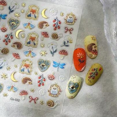 Spring Gilded Forest Animal Hedgehog Fox Mushroom Ladybug Cute Floral Dragonfly Wild Fruit 3D Embossed Nail Art Stickers, Essential For DIY Manicure