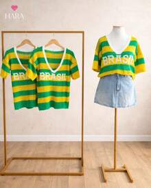 Women's T-Shirt Brazil Striped Knit Oversized Short Sleeve Knit Blouse Fashion World Cup - Xanh lá vàng - Xem 5