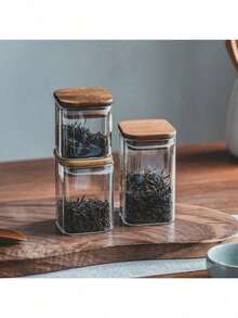 Luxury Small Square Glass Jar Seasoning Storage Bottle, Kitchen Airtight Spice Herb Containers, High Borosilicate - Square Acacia Wood Lid Sealed Jar - View 8