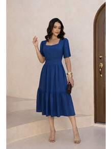 Women's Luxury Elegant Midi Dress - New Release - Plain - Flare Sleeve - Spring/Summer - Christmas/New Year's - 水鴨藍 - 查看 2