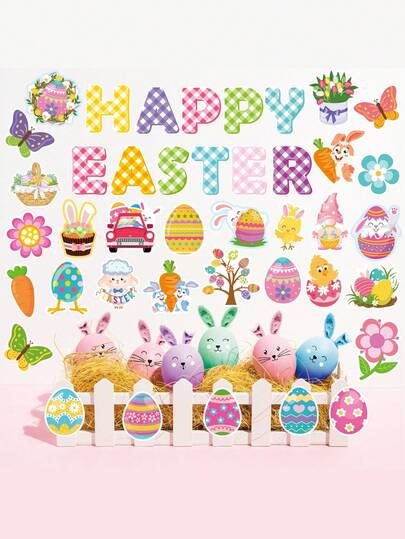 1Set Easter Party Wall Stickers - Cute Cartoon Bunny & Egg Decorations, Colorful Easter Themed Window Background Decor, Removable Peel And Stick Decals For Kids' Bedroom, Classroom, Easter Egg Hunt Party Supplies, Festive Home Decor With Rabbit, Chick, Carrot, Flower Patterns, Perfect For Spring Holiday Party Favors And Photo Booth Backdrops