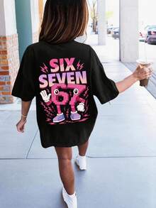 Teenage Girls' "67" Cartoon Print Round Neck T-Shirt, Y2K Style Casual Soft Top, Spring/Summer - Black - View 1