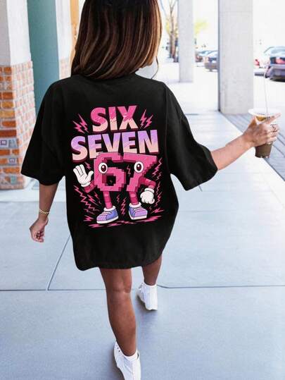 Teenage Girls' "67" Cartoon Print Round Neck T-Shirt, Y2K Style Casual Soft Top, Spring/Summer