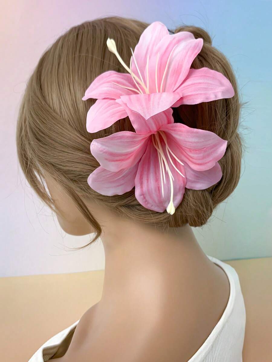1 pieza Elegante clip para el cabello con flor de lirio, pieza floral versátil para el cabello lateral para mujeres, adecuado para uso diario, ganchos para el cabello, pasadores, hebillas, horquillas, accesorios, verano, vacaciones, viaje - Rosa Fucsia - Ver 1
