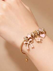 1pc Women's Gold Fully Paved Butterfly, Heart & Lollipop Beaded Adjustable Daily Wear Bracelet - Gold - View 4