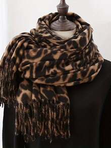 1pc Women's Leopard Print Cashmere Scarf, Tasseled Warm Shawl, Comfortable Large Wrap, Windproof & Warm For Outdoor, Minimalist Versatile Daily Wear - Black Rice - View 8
