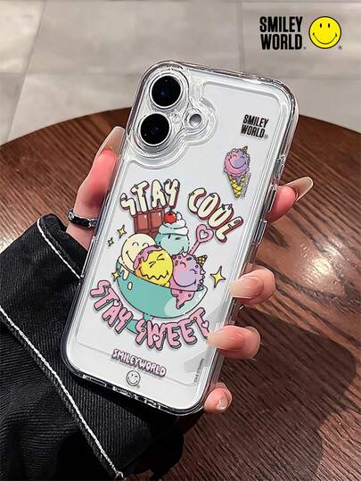 Smiley World 1pc Shock-Proof Full Coverage TPU Material Transparent Space Phone Case, UV Printing Smileyworld Smile Ice Cream Letter Pattern, Compatible With IPhone 17, 16, 15, 14, 13, 12, 11 Pro Max And Series