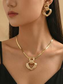 Bộ 3 món gồm dây chuyền hình xương rắn bằng kim loại họa tiết trái tim hình học và bông tai hình trái tim, đa năng để đeo hàng ngày. - Vàng - Xem 4