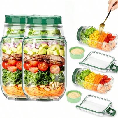 Leak-Proof Salad Container With Side Opening Lid | Portable Mason Jar Salad Lunch Box With Dressing Cup | Dishwasher- Salad Container For Travel, Gym, Office, Outdoor