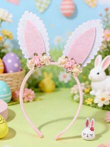 1pc Pink Flower Headband, Rabbit Ear Decor Hair Band, Cute Bunny Ear Hair Accessory, Girl's Party Gift, Suitable For Spring, Outdoor, Picnic - Pink - View 2