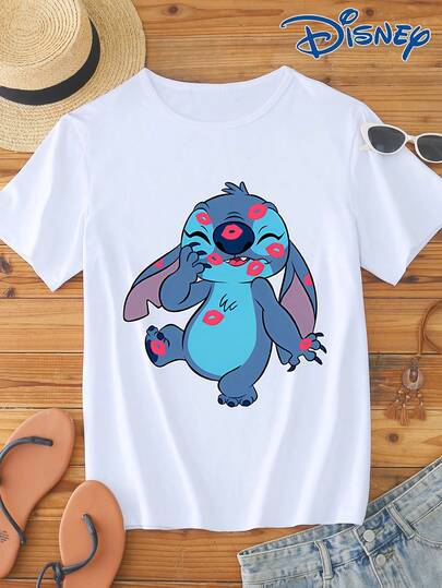 Disney 1 pieza Camiseta de manga corta para mujer con estampado gráfico de dibujos animados de animales, cuello redondo, material elástico y de fácil cuidado, adecuada para uso diario, camiseta de manga corta de moda para mujer, ropa casual