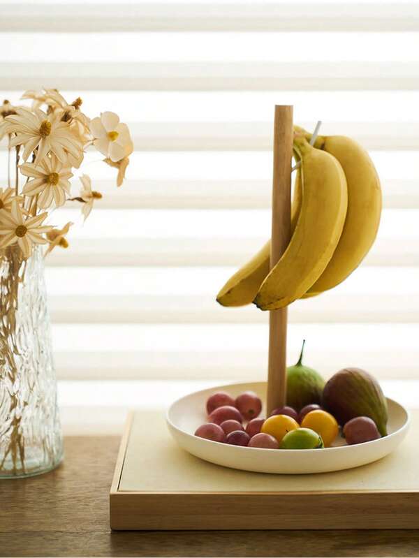 Modern White And Natural Wood ABS Fruit Basket Rack With Hanging Banana Holder - Multi-Tier Kitchen Storage Rack, Space-Saving Vertical Organizer For Living Room, Dining Room, Tabletop - Decorative Fruit Display Rack In Food Shape Design With Rounded Corners, Ideal For Small Spaces (Easy Assembly) - Stylish And Practical, Can Store Bananas, Apples, Oranges And Other Fruits - Minimalist Decor