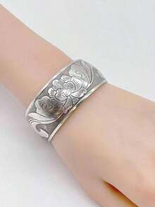 Valentine'sdayVintage Flower Decor Cuff Bangle Women Daily Decoration Valentines - Antique Silver - View 2