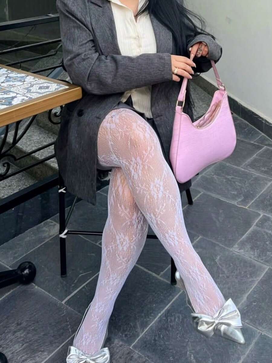 1pc Plus Size Women Sexy Hollow Out Fishnet Tights, Ripped Hollow Pantyhose Stockings, Suitable For Clubbing, Party, Daily Wear - White - View 1