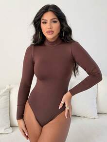 Women's Bodysuit Kit, High Neck, Long Sleeve, Second Skin, Basic, Versatile, Fashion Blogger Style, - 白色米色咖啡 - 查看 5
